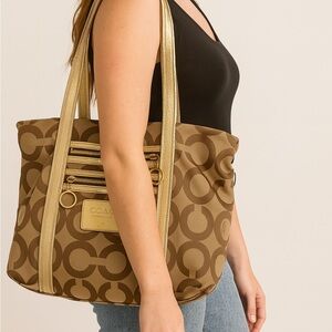 Coach Signature Gold Metallic Trim Shoulder‎ Tote Bag
